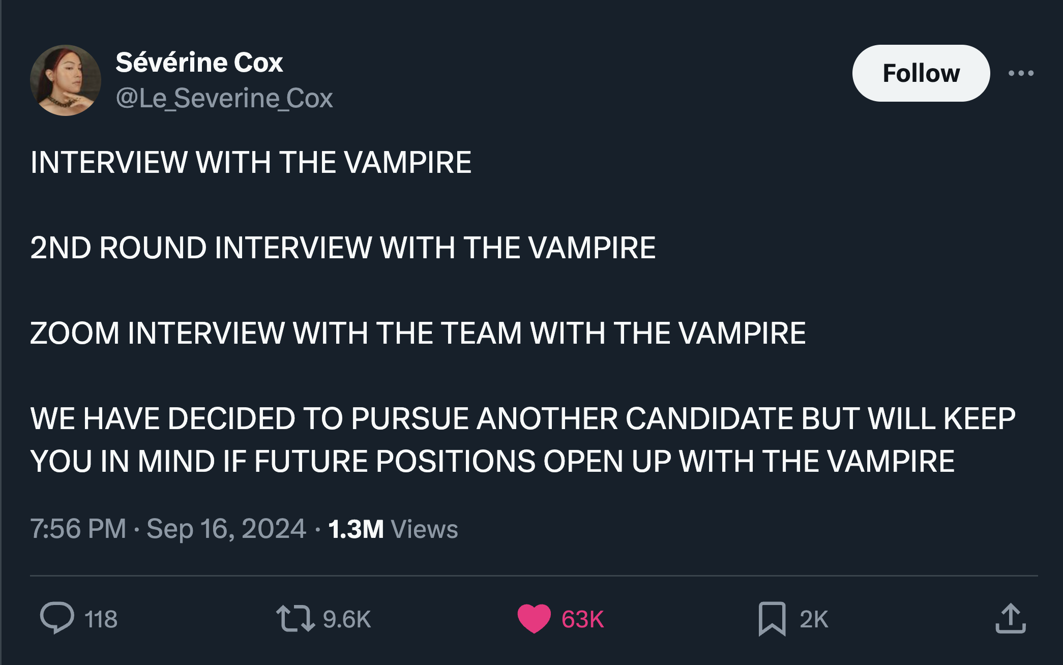 screenshot - Svrine Cox Interview With The Vampire 2ND Round Interview With The Vampire Zoom Interview With The Team With The Vampire We Have Decided To Pursue Another Candidate But Will Keep You In Mind If Future Positions Open Up With The Vampire 1.3M V